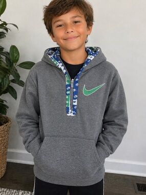 Nike Gray Hoodie with Green Swoosh and Blue Trim